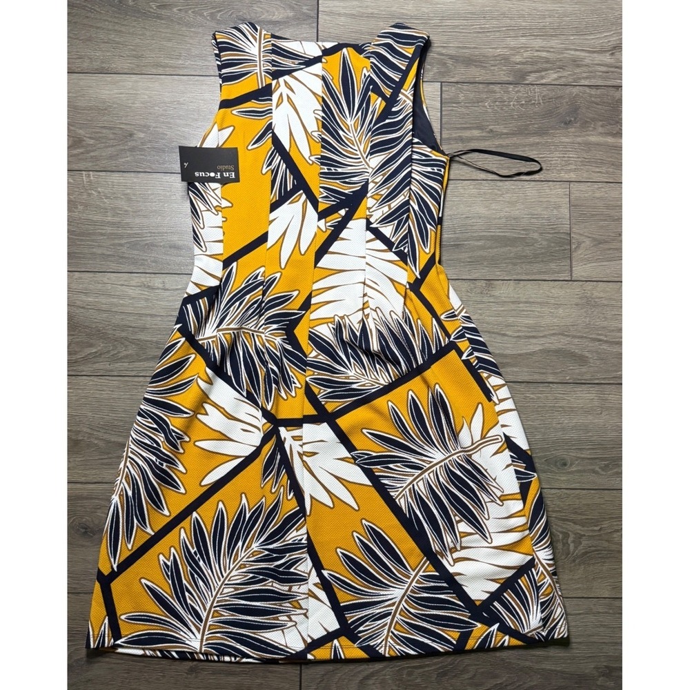 EnFocus Studio Womens 8 Tropical Palm Leaf Print A-Line Dress Mustard Navy NWT - Picture 7 of 7